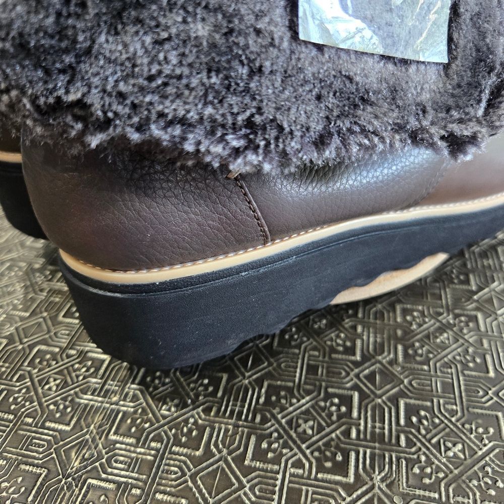 🐢 Clarks Shannon Pearl Taupe Leather Lace Up Bootie Boot with Faux Fur Size 11 - Picture 6 of 12